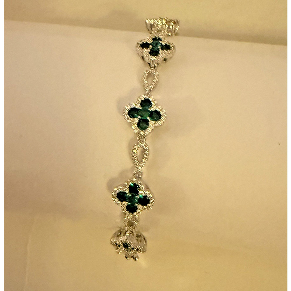 Women’s Silver tone Cubic Zirconia and Green Clover Leaf Gemstone Bracelet